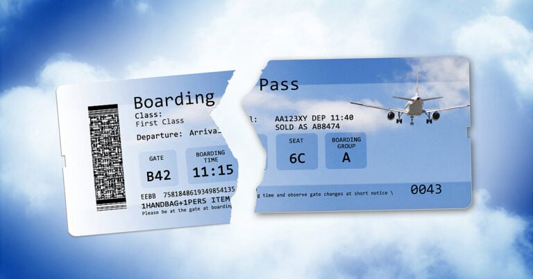 Broken, torn, or cancelled boarding pass for a flight ticket. Header image for 24-hour flight cancellation rule article