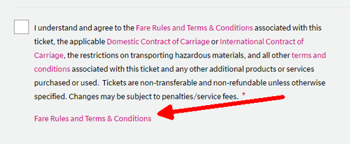Example of Fare Rules and Terms & Conditions link.