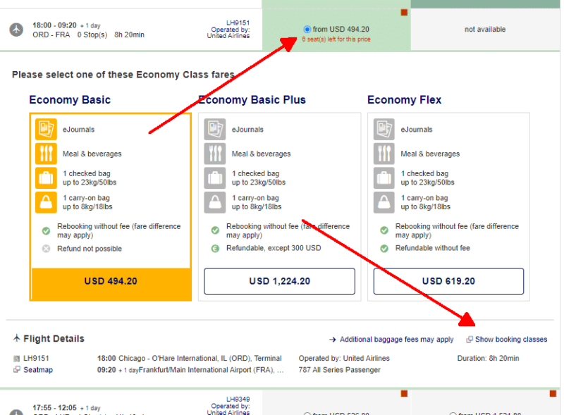 How to find Lufthansa booking classes