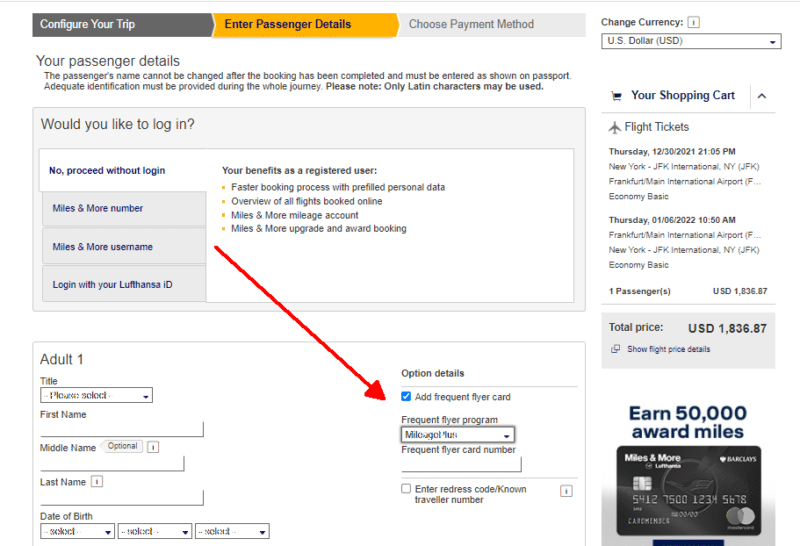 how to add Lufthansa flights to United account