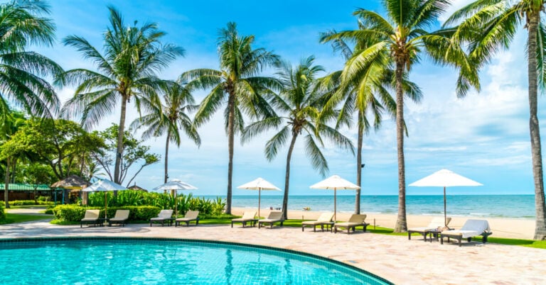 Tranquil hotel pool framed with palm trees and the sea in the background. illustrates the type of upscale resort where travelers can use hotel senior discounts to save up to 30%."