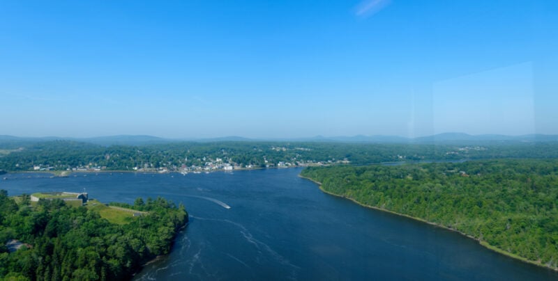 View of Bucksport, Maine, Verona Island, and the Penobscot River from the top of the Penobscot Narrows Bridge Observatory