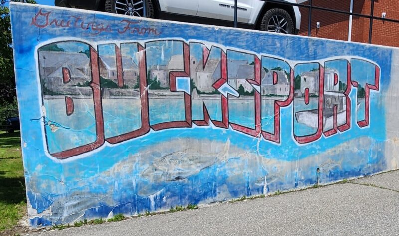 "Bucksport" postcard-type mural along the riverfront walkway in Bucksport, Maine