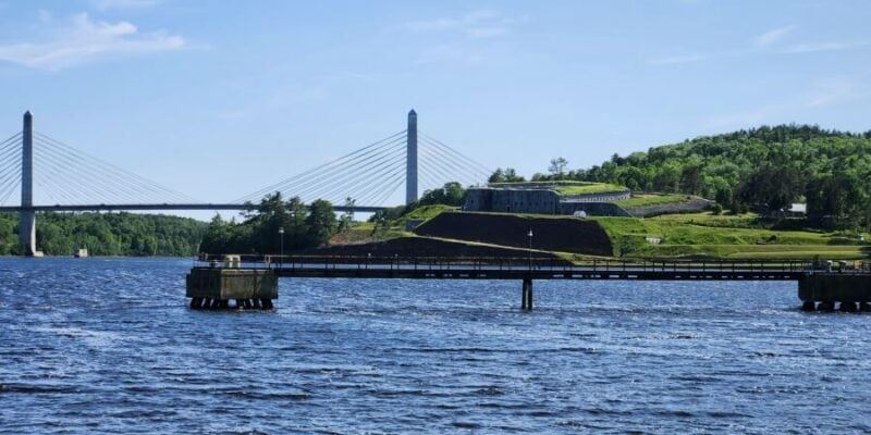 View of Fort Knox Historic Site and the Penobscot Narrows Bridge from Bucksport, Maine