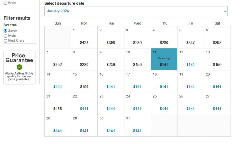 Calendar of low fares for Phoenix to Anchorage flights on Alaska Airlines