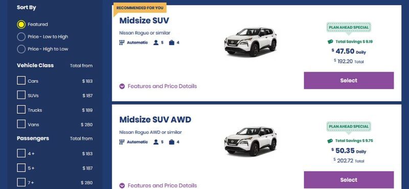 Use Alamo's plan ahead specials to find great car rental deals, like the ones shown here.