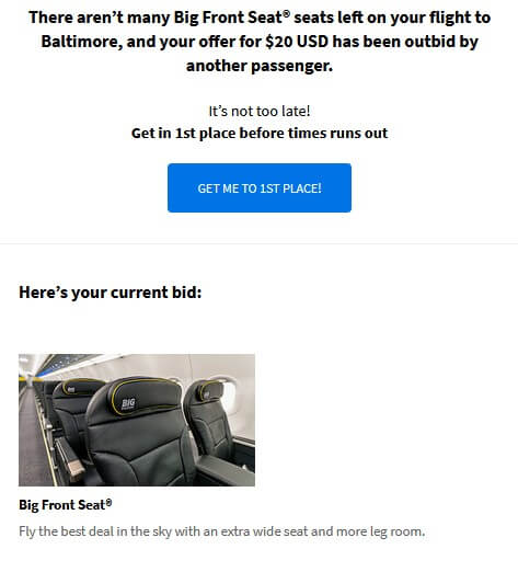 Spirit Airlines review: "You've been outbid" on a seat upgrade email