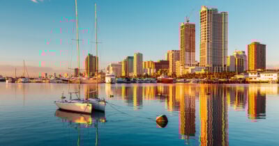 Panoramic view of Manila and Manila Bay in golden morning light