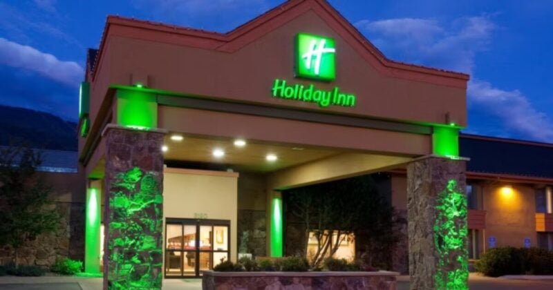 Front entrance illuminated at night, Holiday Inn, Steamboat Springs, Colorado.
