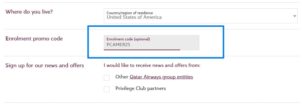 Image showing where to enter promo code for Qatar Airways new member bonus points (Avios)