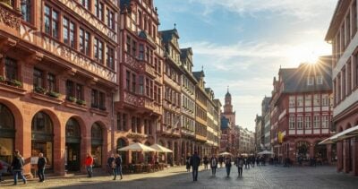 Wide-angle view of Altstadt (Old Town), Frankfurt, Germany on a sunny afternoon