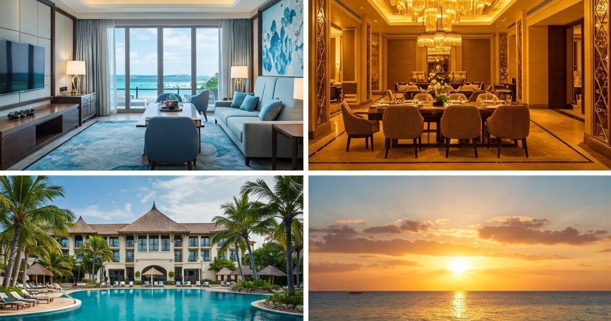 Collage of 4 Hilton Hotel scenes: room interior, dining room, beach sunset, resort pool.