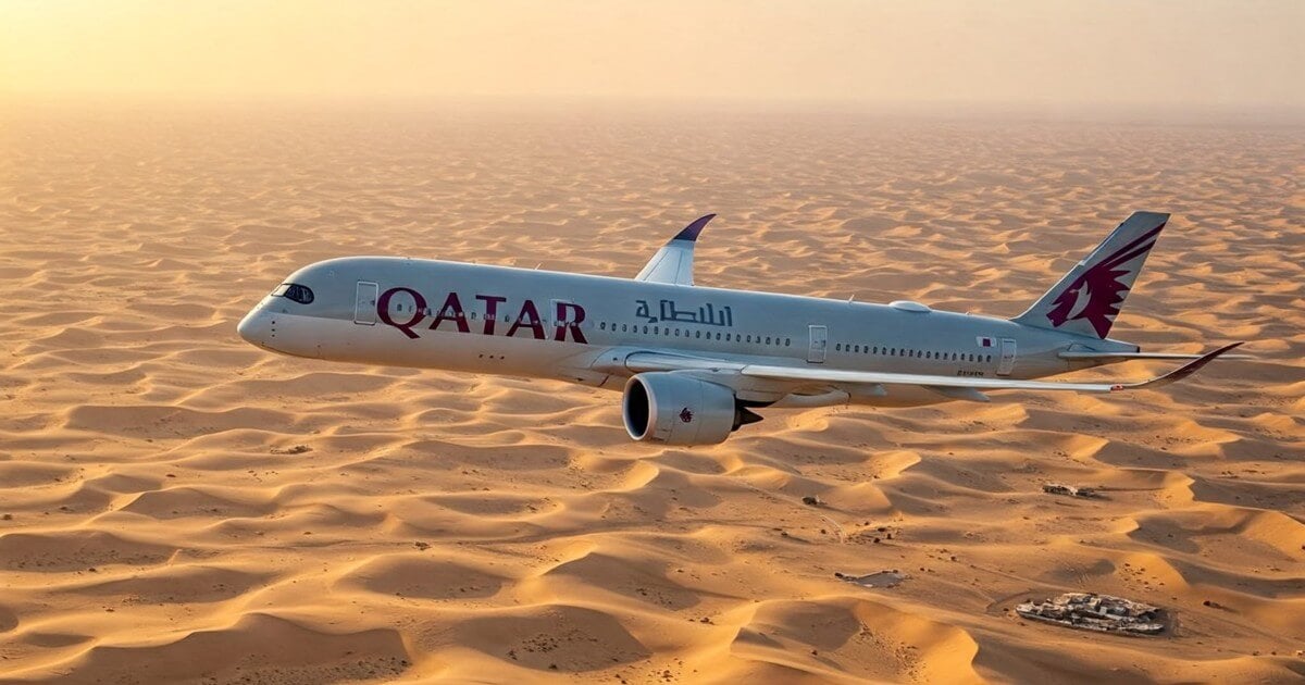 Qatar Airways jet flying over the Qatar desert