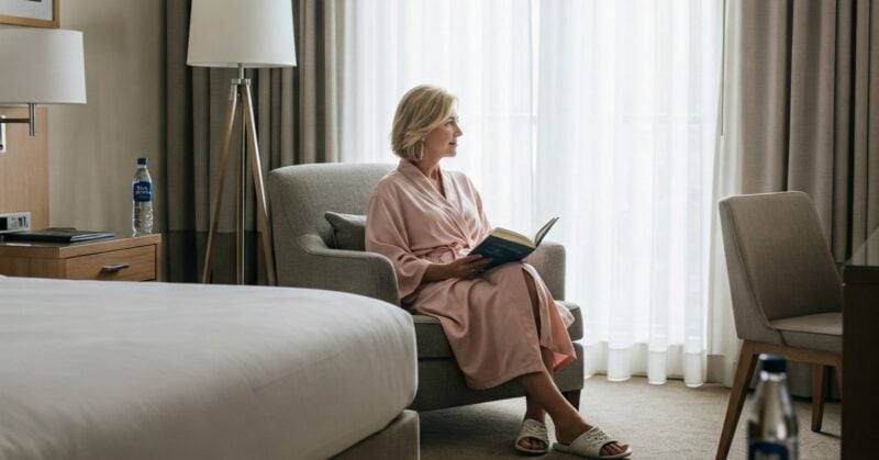 A woman relaxing in a comfortable hotel room. She is wearing a robe and slippers and reading a book under the reading lamp.