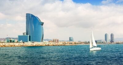 Barcelona, Spain from the sea, with views of Barceloneta beach and Port Olimpic