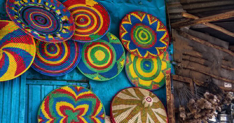 Colorful baskets at Addis Mercato market in Addis Ababa, Ethiopia