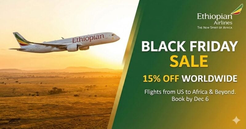 A promotional graphic for an Ethiopian Airlines Black Friday sale. The left side features an Ethiopian Airlines plane taking off over a golden savanna at sunset. The right side has a dark green background with gold and white text that reads "BLACK FRIDAY SALE" and "15% OFF WORLDWIDE." Below it, smaller text says "Flights from US to Africa & Beyond. Book by Dec 6," followed by a red button that says "BOOK NOW." The Ethiopian Airlines logo is in the top right corner.