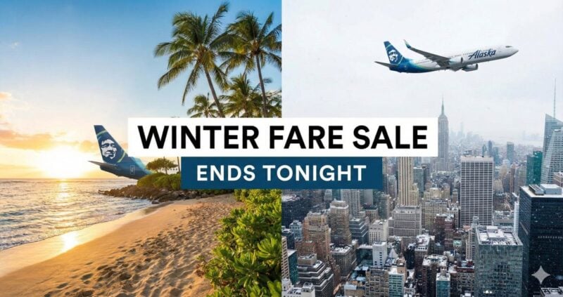 A split landscape photograph. The left side shows a tropical beach at sunset with an Alaska Airlines plane tail visible. The right side shows a snowy New York City skyline with an Alaska Airlines plane flying. Overlay text in the center reads, 'WINTER FARE SALE' and 'ENDS TONIGHT'.