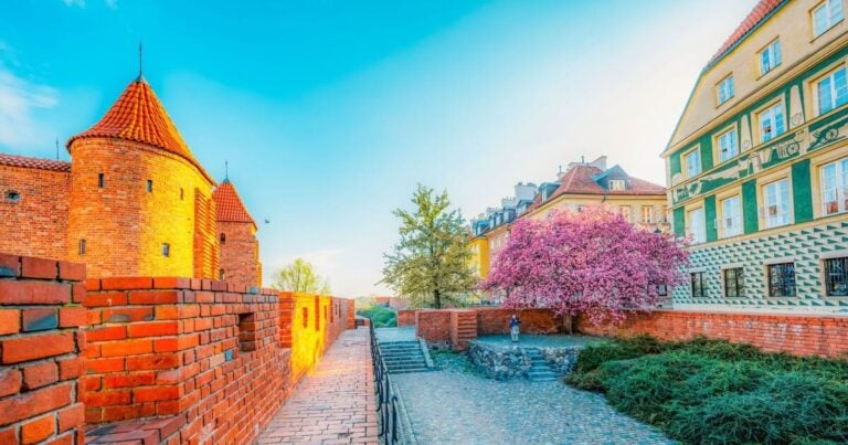 The brick Barbican gateway in Warsaw's Old Town at sunrise with a pink flowering tree in the foreground.