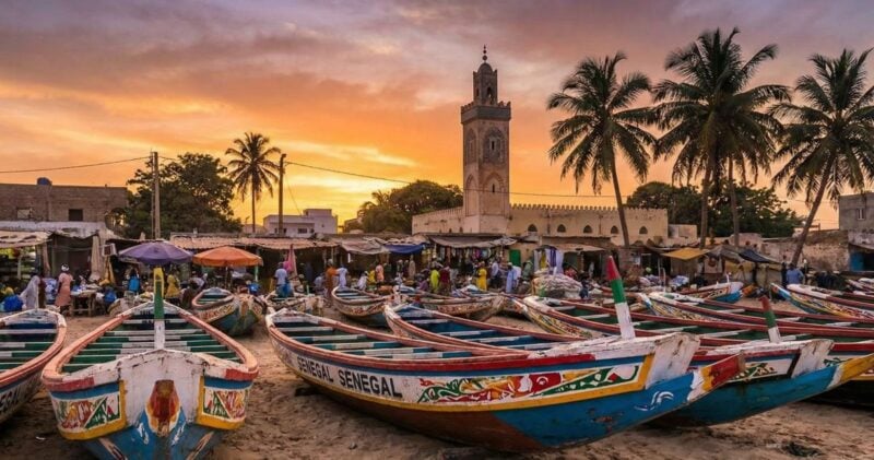 Traditional Senegalese fishing boats on a beach in Dakar, Senegal. Visit Africa for less with flight deals from The Flight Expert.