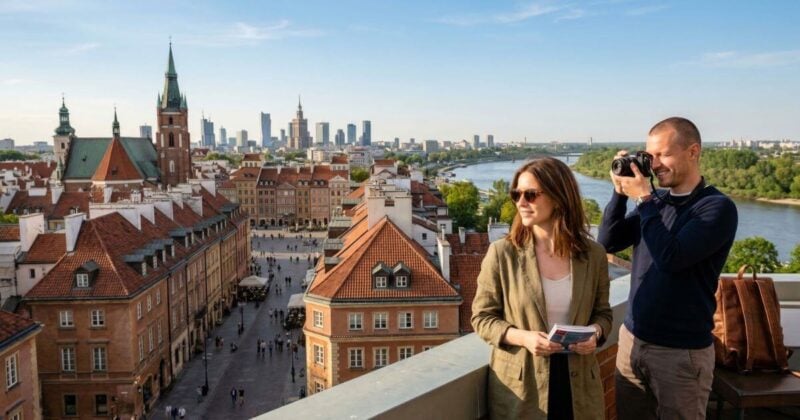A panoramic photograph taken from a high vantage point overlooking the historic Old Town of Warsaw, Poland, on a bright, sunny day in early summer. The foreground shows the intricate red-tiled roofs and traditional facades of the restored medieval buildings surrounding the Castle Square. In the middle distance, the Vistula River flows past the city. The far background features Warsaw's modern skyline, including the Palace of Culture and Science, juxtaposed against the older architecture. The sky is clear blue with soft, white clouds. This image represents the blend of history and modernity accessible via the new nonstop route from SFO.