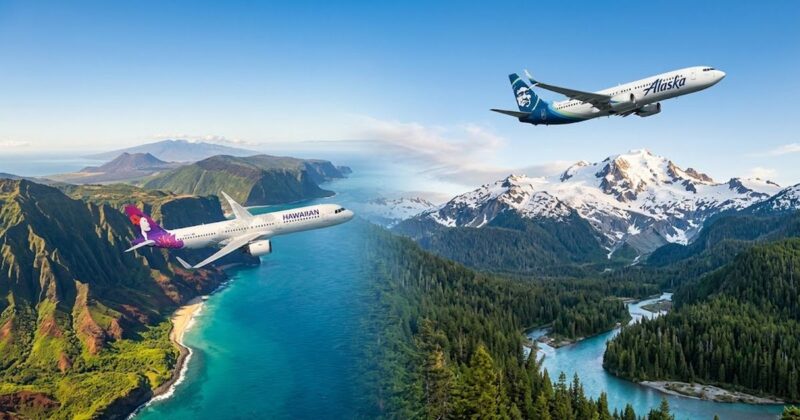 Alaska Airlines and Hawaiian Airlines aircraft flying over Pacific Northwest mountains and Hawaiian coastlines for the Atmos Rewards sign up bonus promotion.