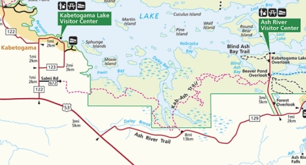 The Voyageurs National Park Kabetogama Lake and Ash River Visitor Centers are accessed via US Highway 53.