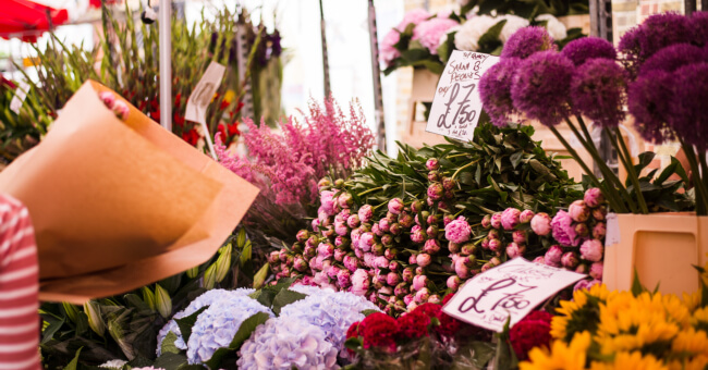 Flowers on display at Columbia Road Flower Market in London