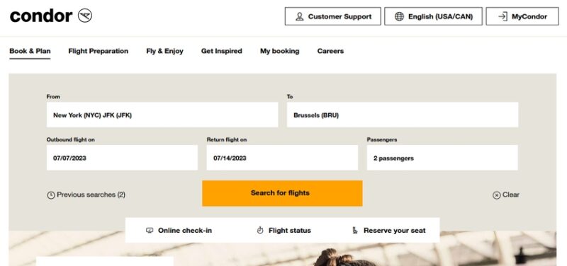 How to use the Condor business class promo code, step 1: Search for flights