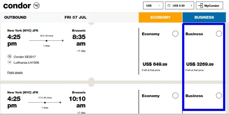 How to use the Condor business class promo code, step 2: Select flights