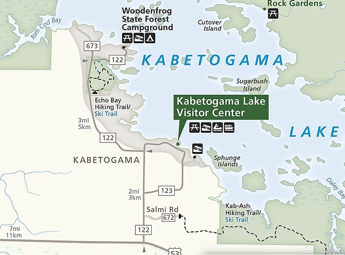 Map showing Kabetogama Lake Visitor Center and Echo Bay Hiking Trail in Voyageurs National Park