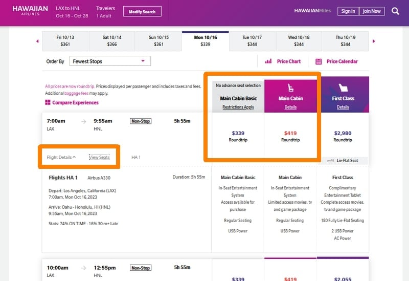 How to select Hawaiian Airlines economy flights