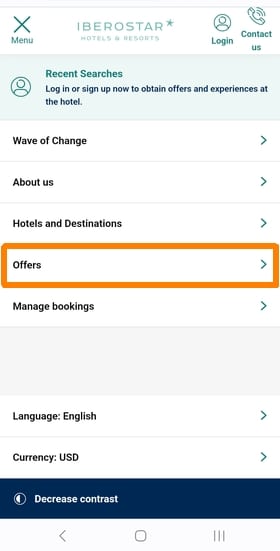 Apply the Iberostar last minute promo code mobile, step 2: open the offers page