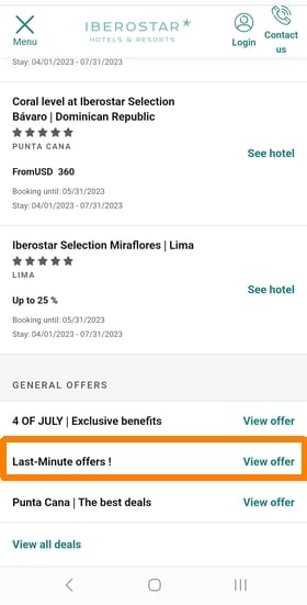 Apply the Iberostar last minute promo code mobile, step 3: select "last minute offers"