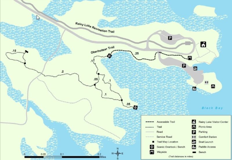 Map of Rainy Lake Visitor Center at Voyageurs National Park showing Oberholtzer Trail and Recreation Trail