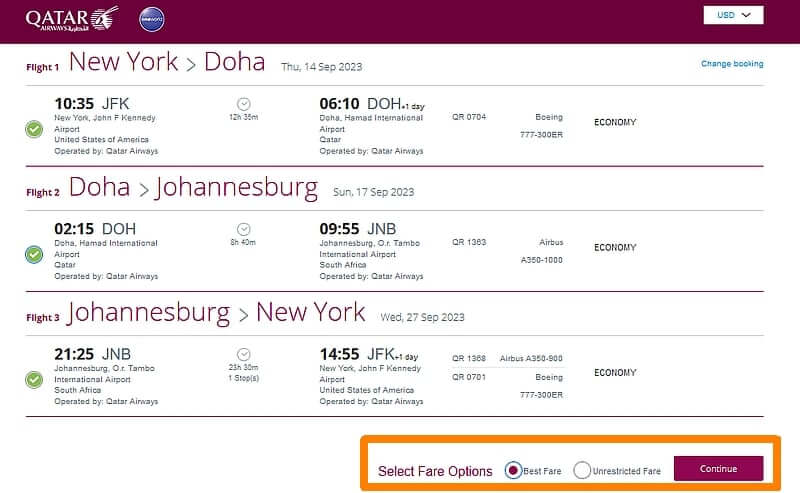 How to book a Qatar Airways stopover or layover hotel in Doha, step 2: select flights