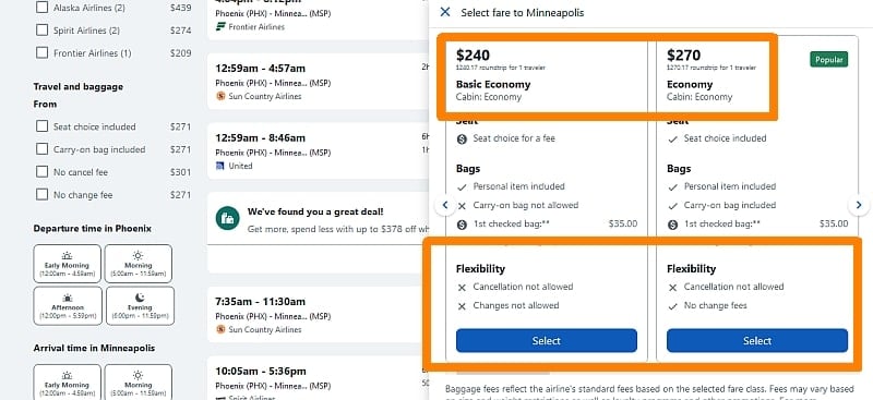 How to see the different fare types for flights on Travelocity