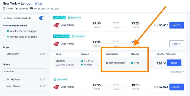How to see Trip.com flight change policies and fees during booking, step 4: View cancellation fees and policies