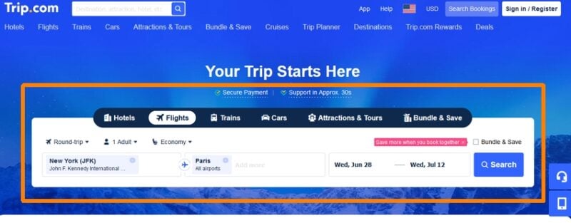 How to see Trip.com flight change policies and fees during booking, step 1: Search for flights